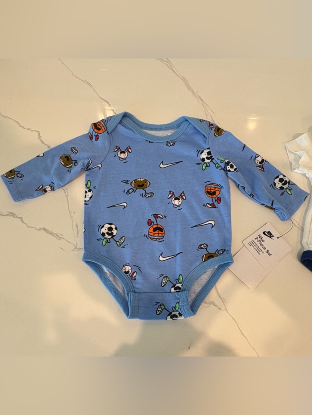Nike Baby Blue Sports Print (NWT) & White Nike Logo Bodysuit Lot 3M - Picture 2 of 4